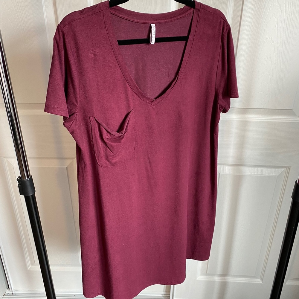 Burgundy shirt dress.
